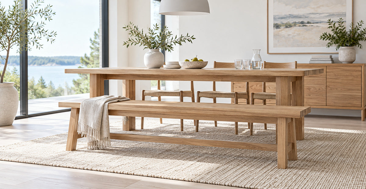 Solid wood dining bench beside an oak dining table — Ivaaj
