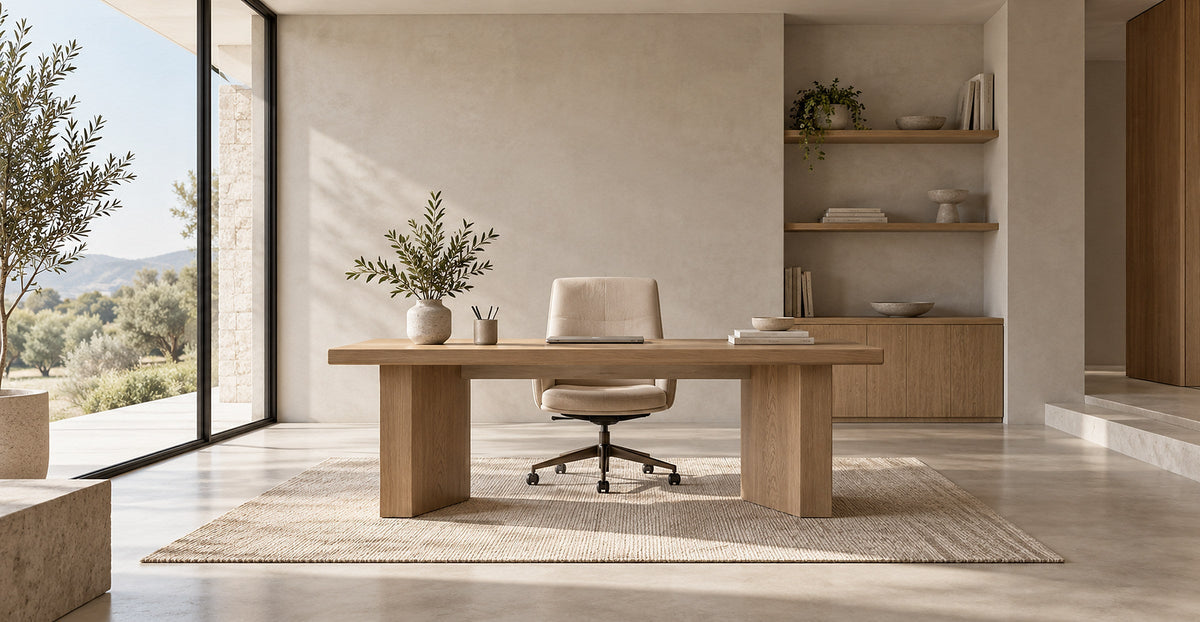 Modern oak office desk with soft upholstered chair in an uncluttered home office