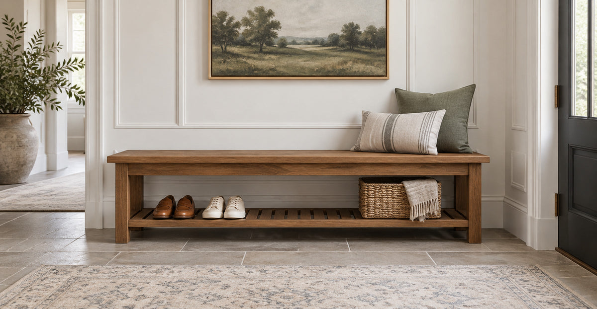 Solid wood entryway bench with open shoe storage in a bright hallway — Ivaaj