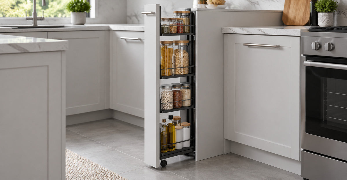 Narrow seven-tier rolling pantry cart pulled out from kitchen cabinet gap — Ivaaj