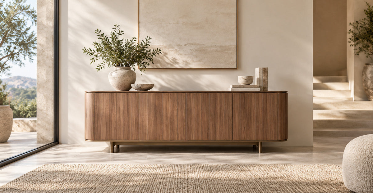 Walnut storage sideboard with minimalist decor in a softly lit modern interior