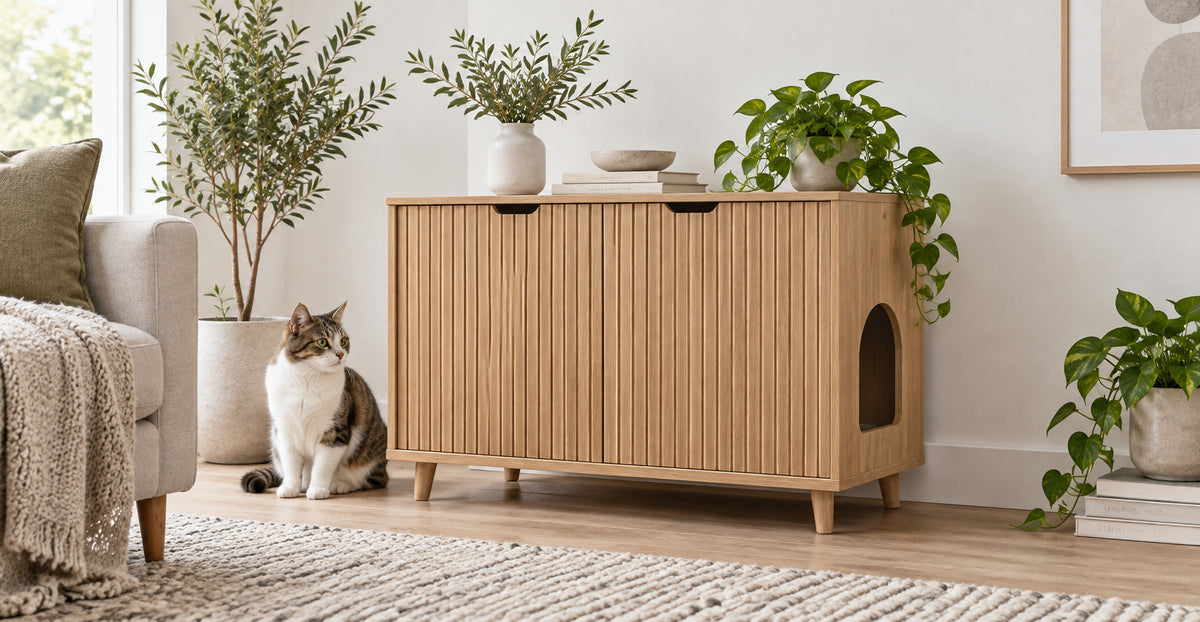 Stylish wood cat litter box enclosure cabinet in a minimalist home — Ivaaj