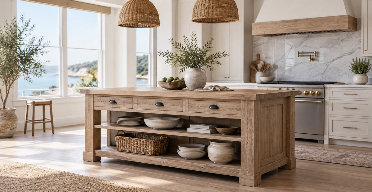 Farmhouse freestanding wooden kitchen island with drawers and storage shelves — Ivaaj