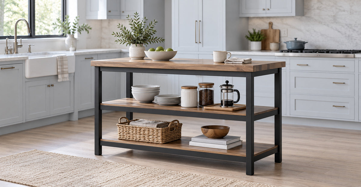 Freestanding kitchen prep island with open shelves in a light modern kitchen — Ivaaj