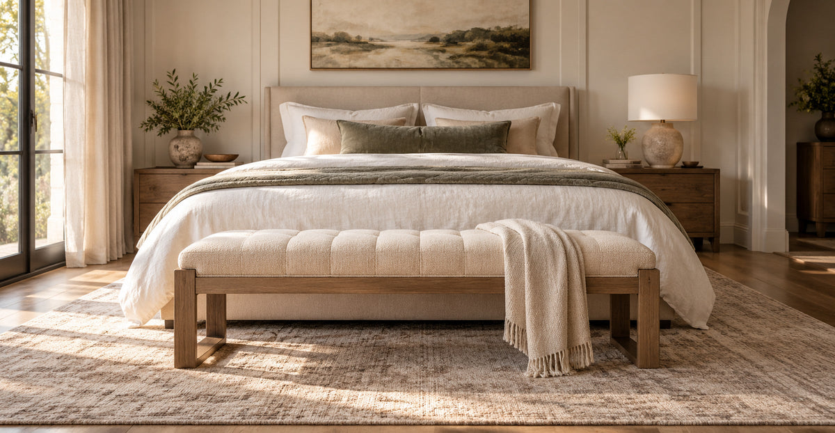 Upholstered bedroom bench at the foot of a bed in a calm high-end bedroom