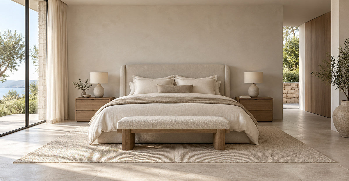 Minimal contemporary bedroom with upholstered bed and balanced wooden bedside tables