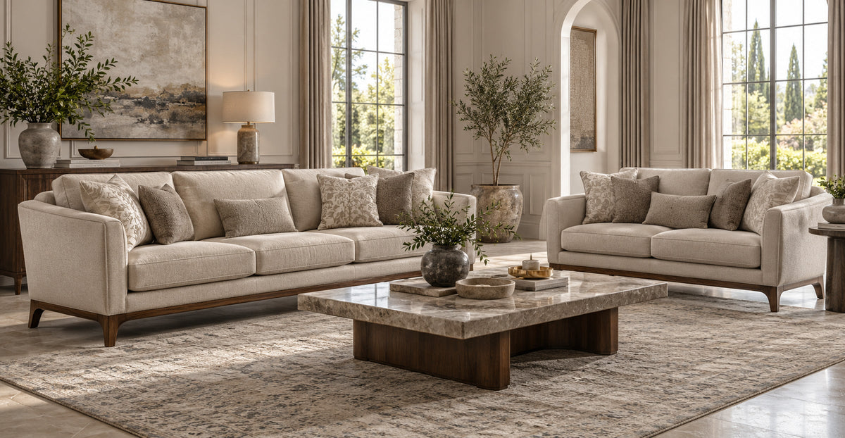 Laguna coordinated three-seater and two-seater upholstered sofa set in a modern-classic sitting room — Ivaaj