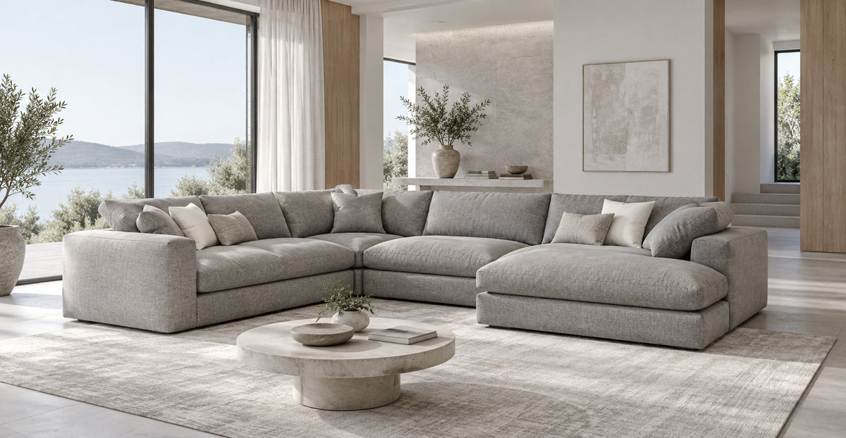 Helena grey large corner sofa in an airy contemporary lakeside living room — Ivaaj