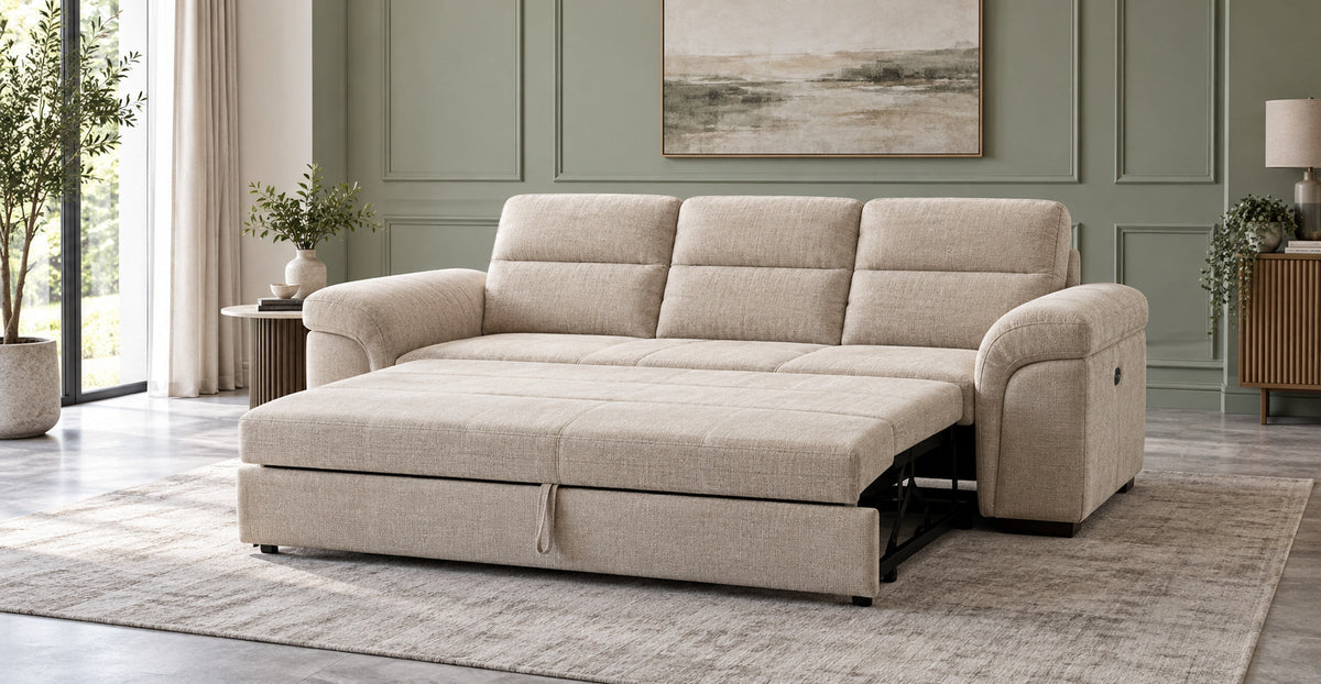 Prescott electric three-seater sofa bed with fully extended sleeping platform — Ivaaj