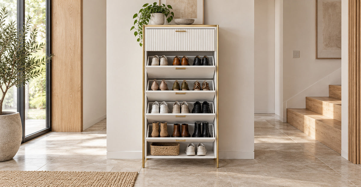 White five-tier shoe storage cabinet with a slim gold metal frame in a bright hallway