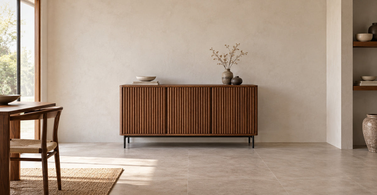 Warm walnut sideboard buffet with fluted doors in a refined dining interior