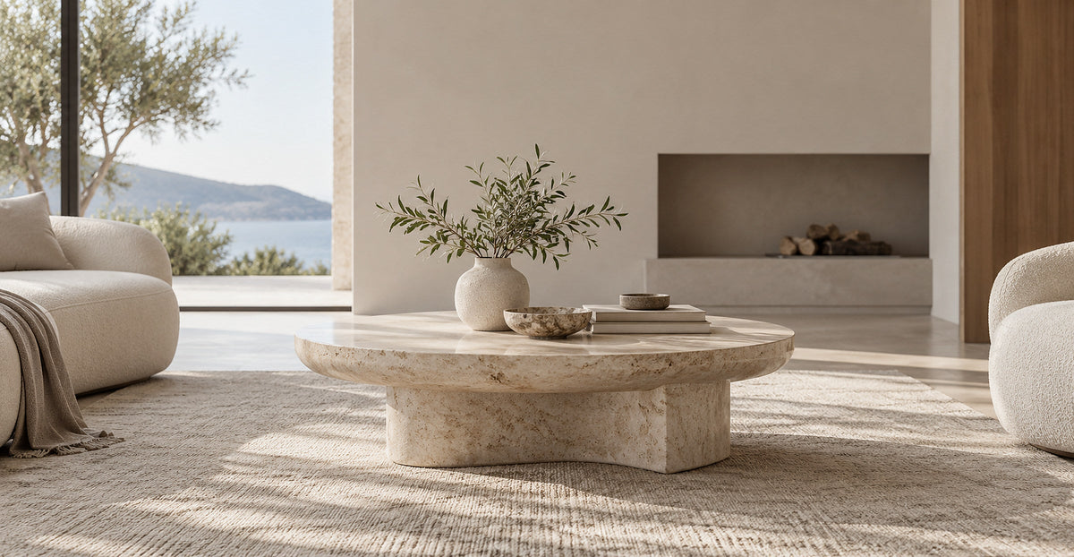 Round travertine stone coffee table in a spacious contemporary lounge