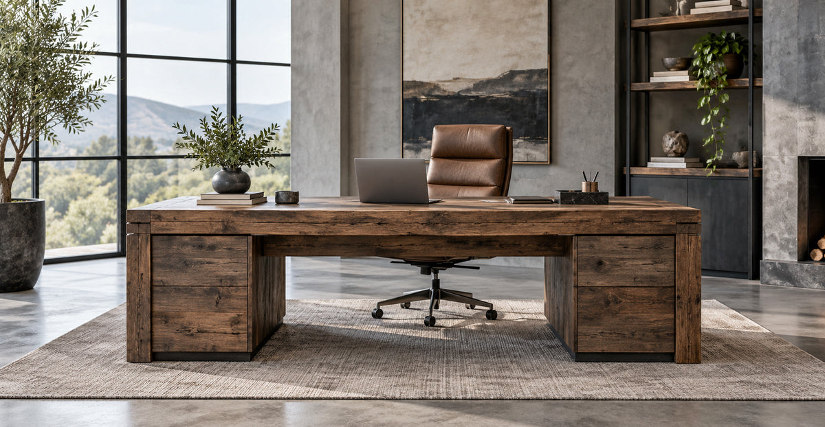 Rustic wood executive office desk in a refined modern workspace — Ivaaj Desks
