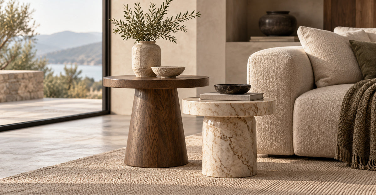 Two sculptural wood and marble side tables next to a sofa
