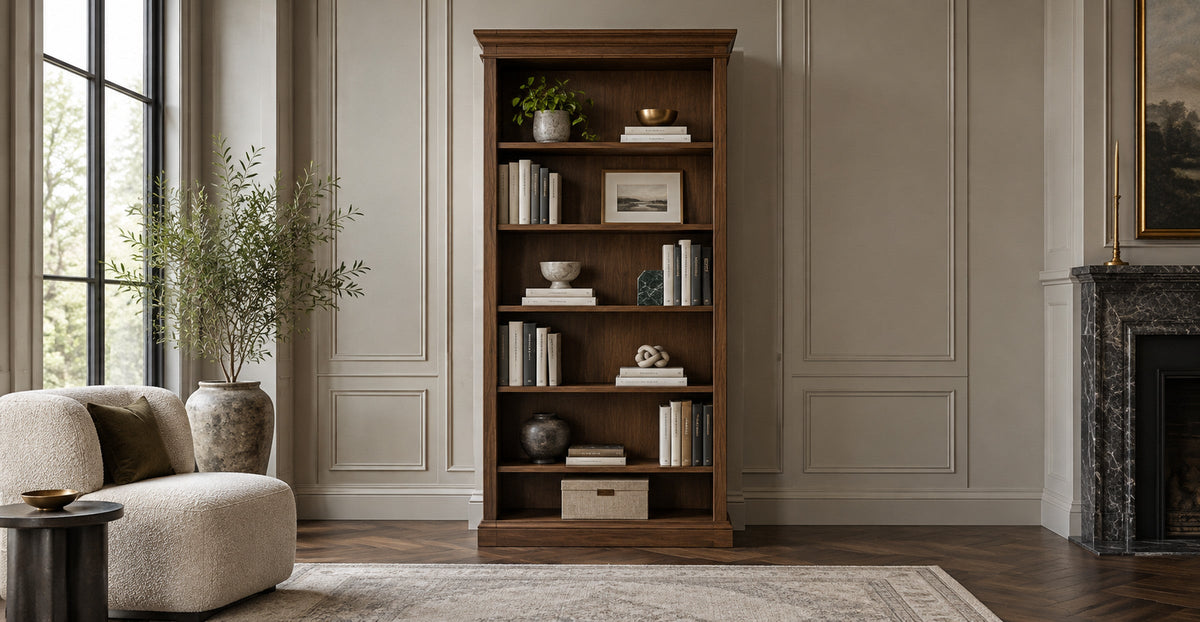 Walnut bookcase in a refined classic library — Ivaaj Bookcases