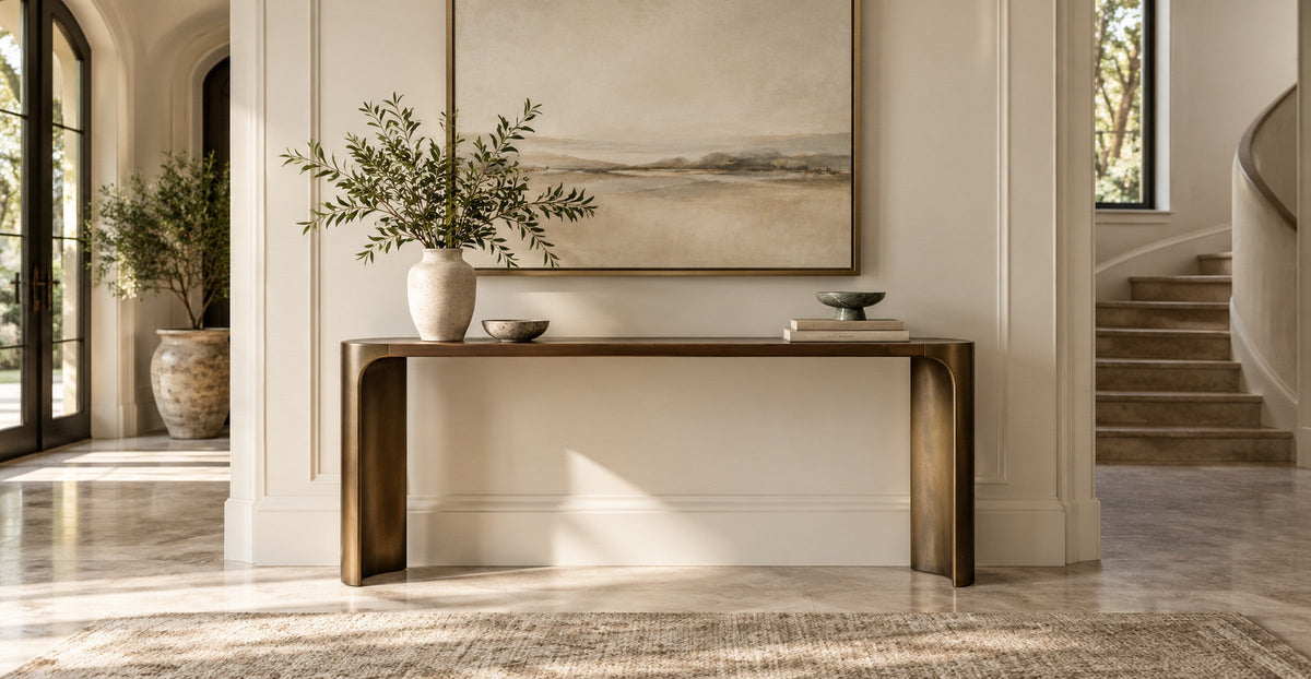 Elegant slim console table styled in a refined entryway with wall art