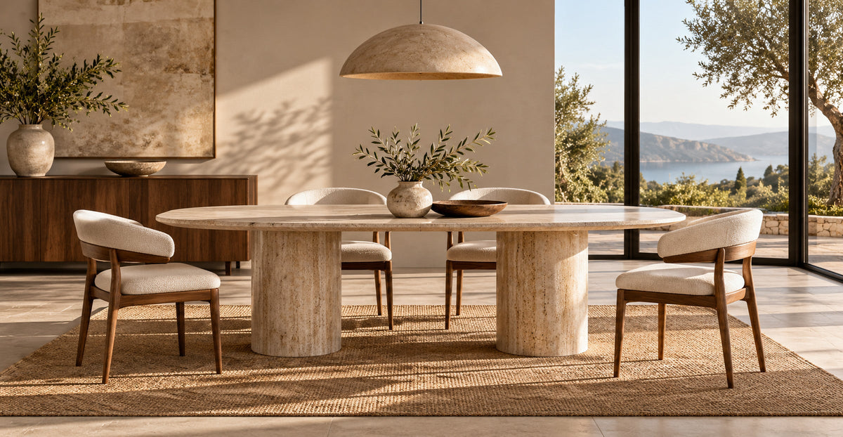 Natural stone dining table with upholstered dining chairs in an elegant bright dining room