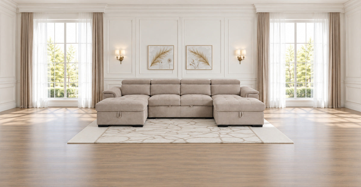 Beige U-shaped Alaya sofa bed in a bright classic living room
