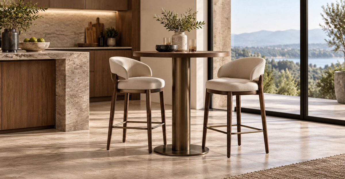 Tall modern round bar table with two upholstered bar stools beside a kitchen