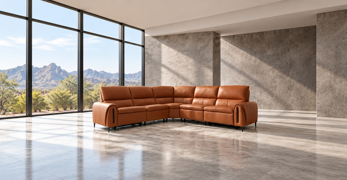 Brown leather Arizona electric corner recliner sofa in a refined industrial living room