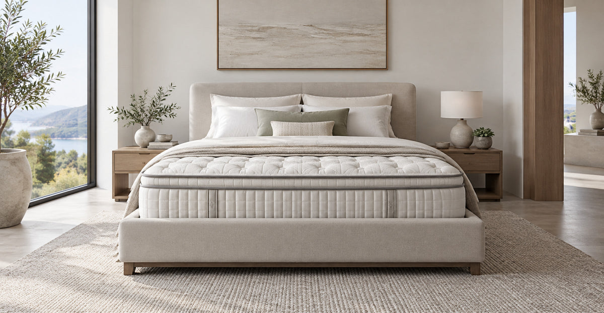 Premium hybrid memory foam mattress in a neutral contemporary bedroom — Ivaaj Bedding