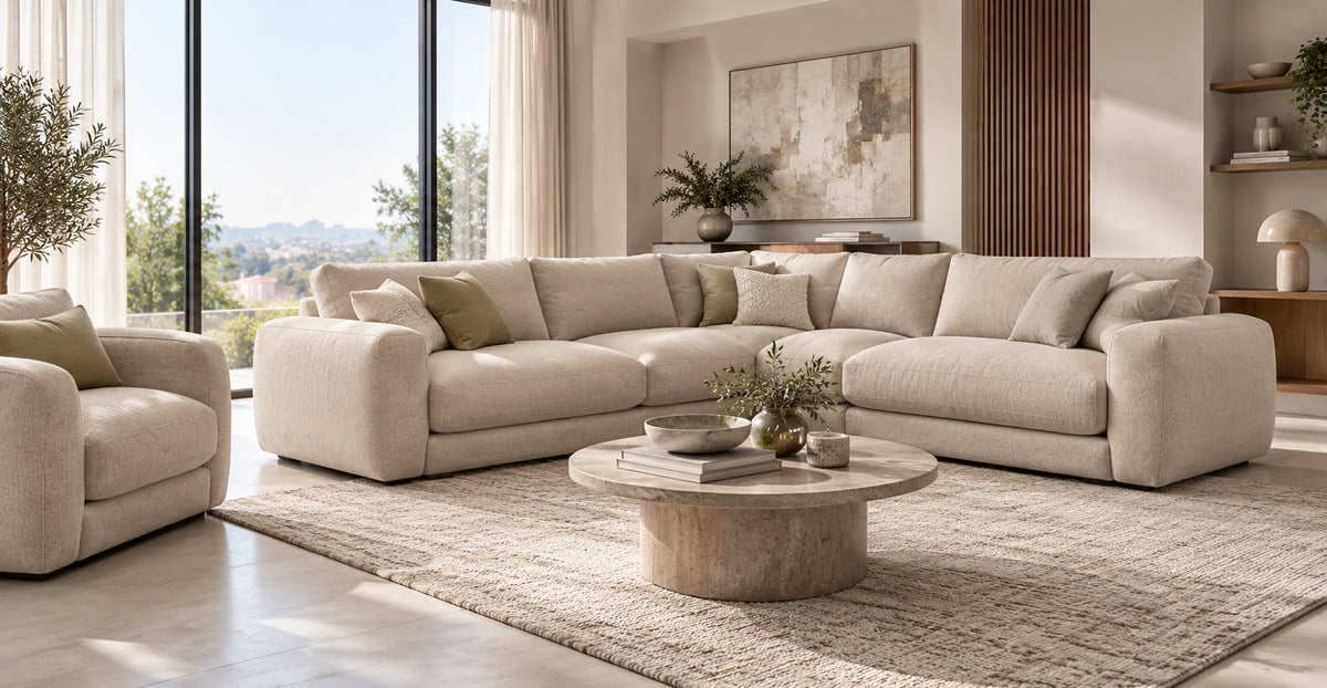 Berlin range beige deep-cushion corner sofa in a bright contemporary living room — Ivaaj