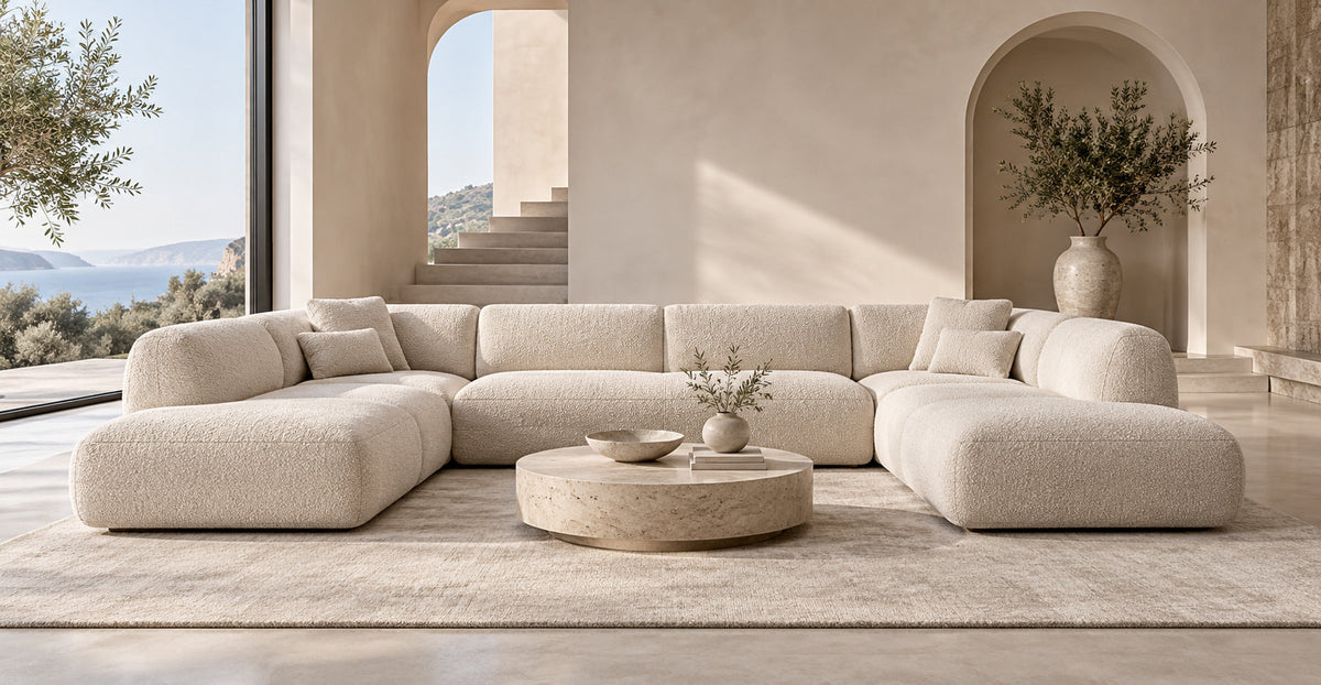 Carnaby bouclé U-shaped corner sofa in a refined minimalist interior — Ivaaj