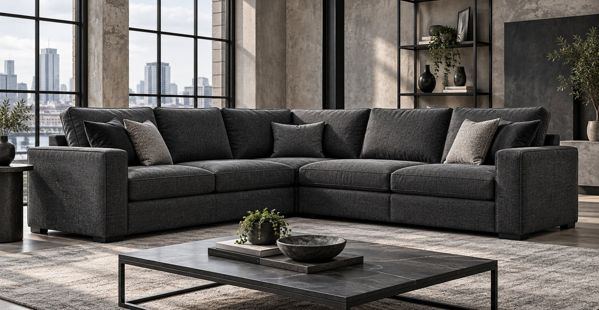 Chicago charcoal universal corner sofa in a stylish industrial loft — Ivaaj