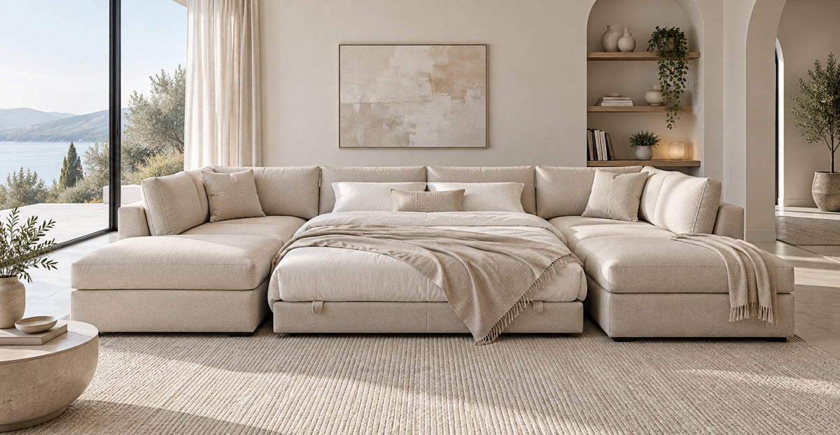 Como U-shaped corner sofa bed with extended sleeping surface in a modern living space — Ivaaj