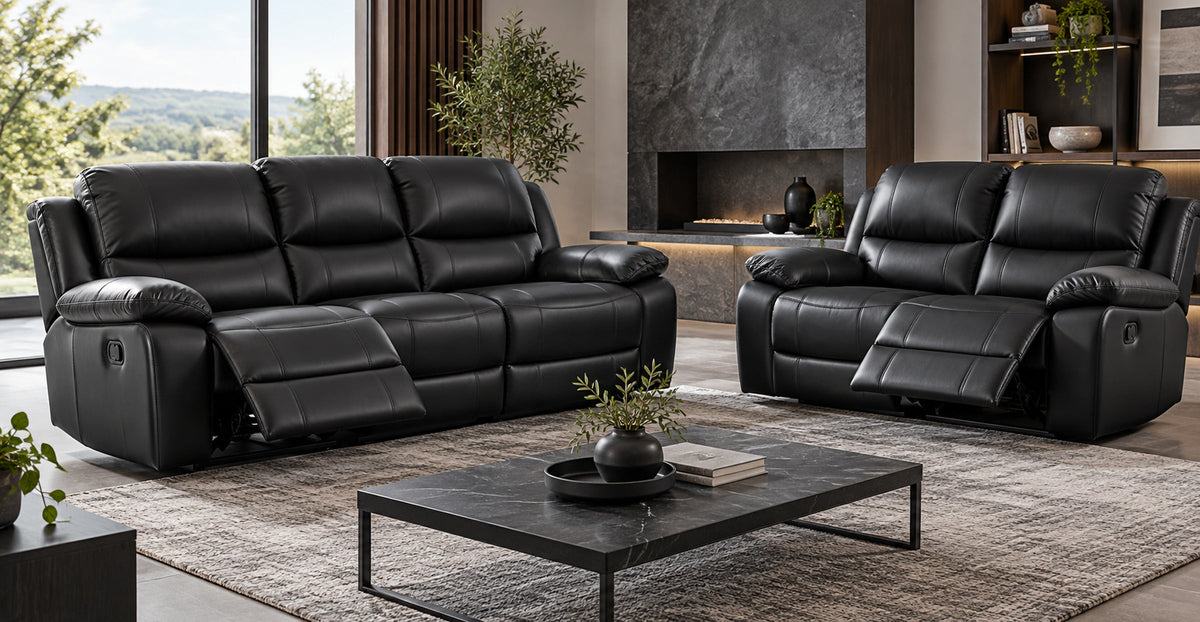 Conrad black manual recliner three-seater and two-seater sofa set — Ivaaj