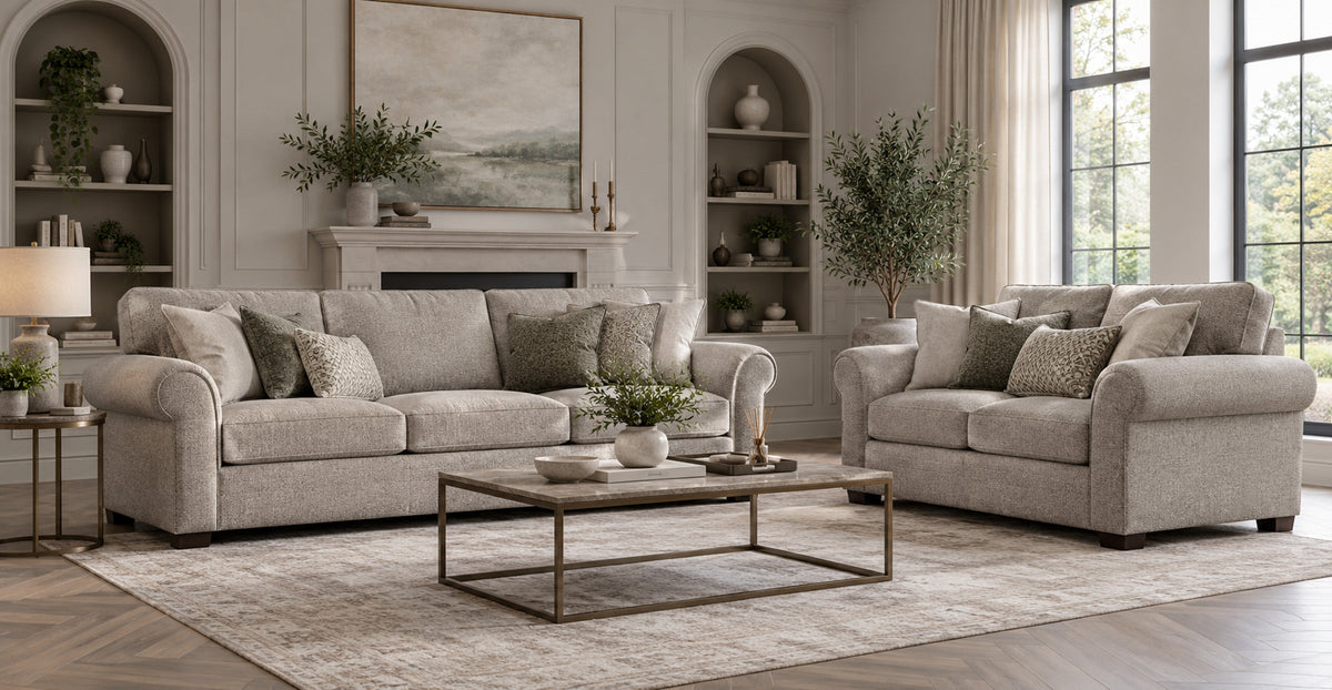Cordova upholstered three-seater and two-seater sofa set in a modern-classic sitting room — Ivaaj