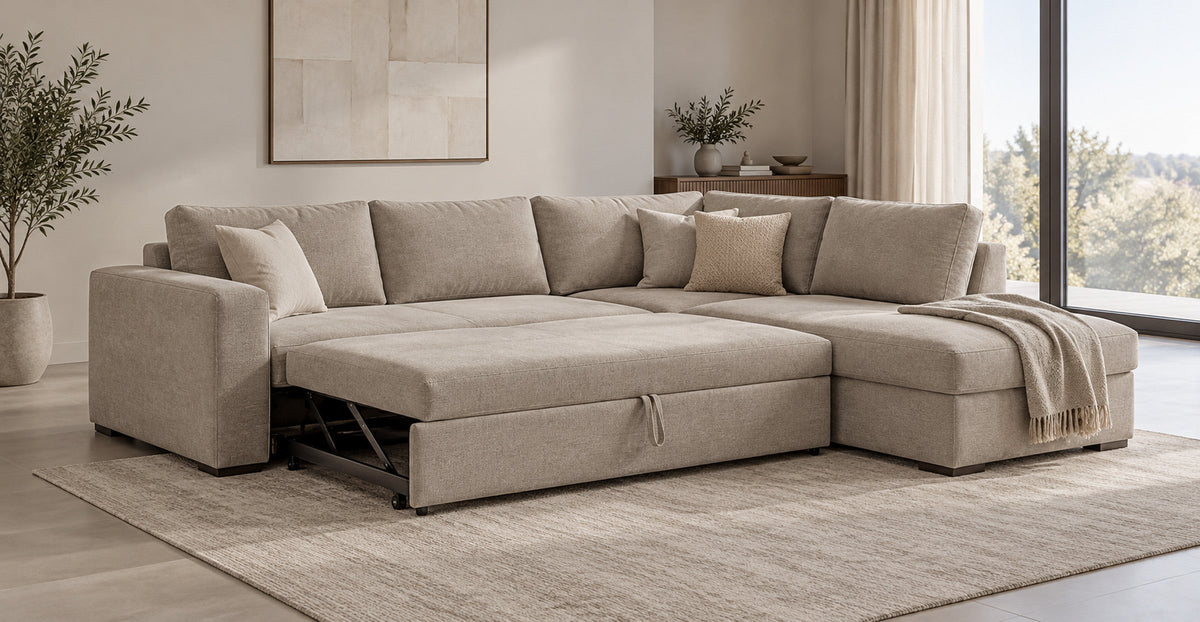 Neutral corner sofa bed with pull-out sleeping area in a calm living room — Ivaaj