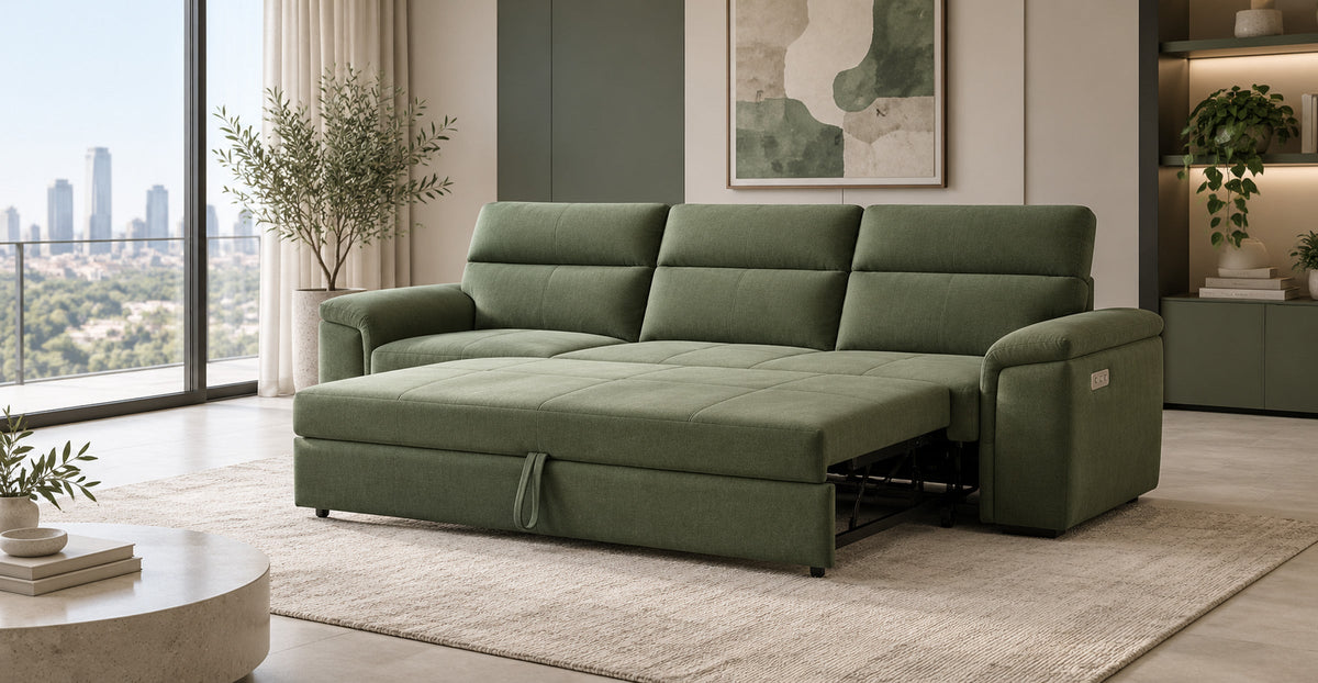 Dallas green electric three-seater sofa bed extended in a modern living room — Ivaaj