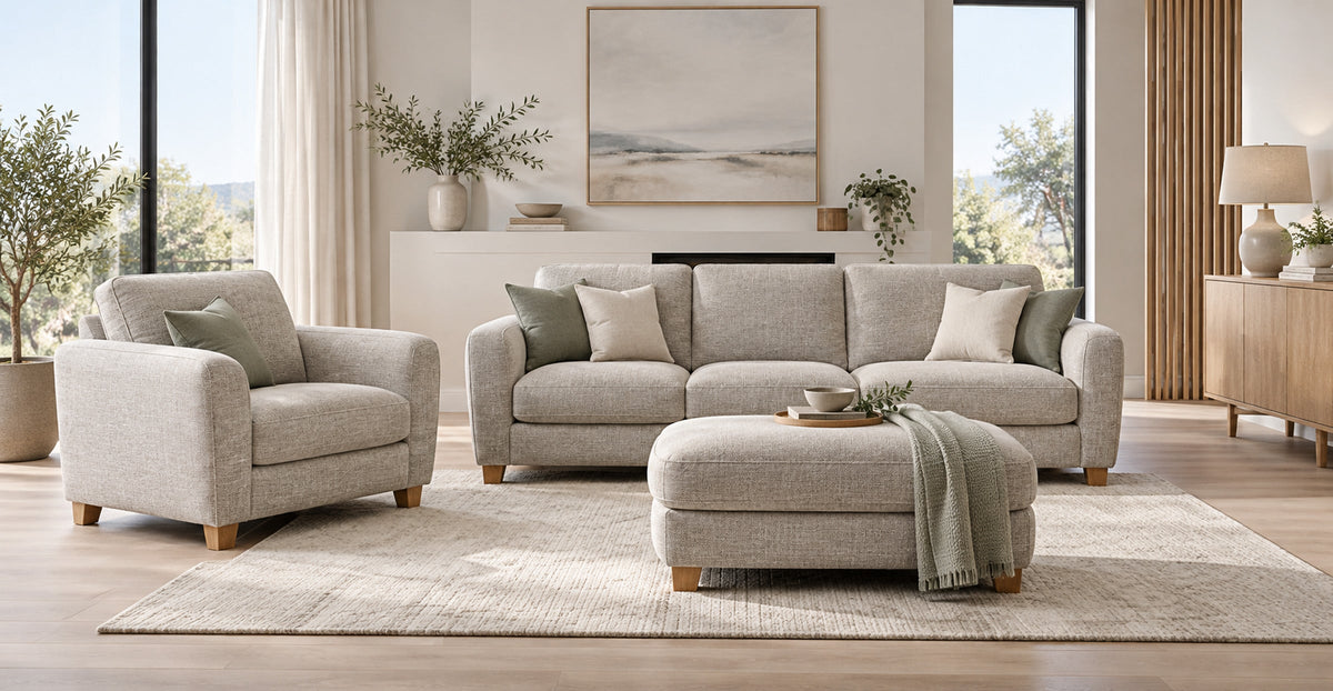 Douglas coordinated fabric sofa, armchair and footstool in a light Scandinavian living room — Ivaaj