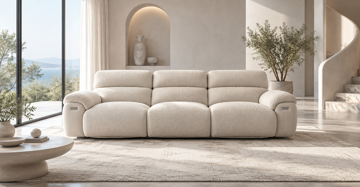 Florence Cloud electric sofa in soft cream upholstery in a minimalist interior — Ivaaj