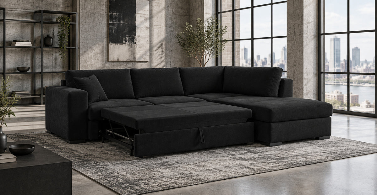 Florida black universal corner sofa bed opened for sleeping in an industrial loft — Ivaaj