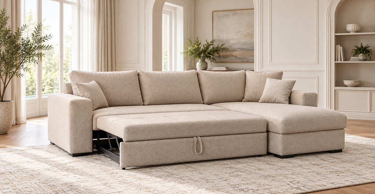 Franklin beige corner sofa bed with pull-out sleeping surface in a bright classic living room — Ivaaj