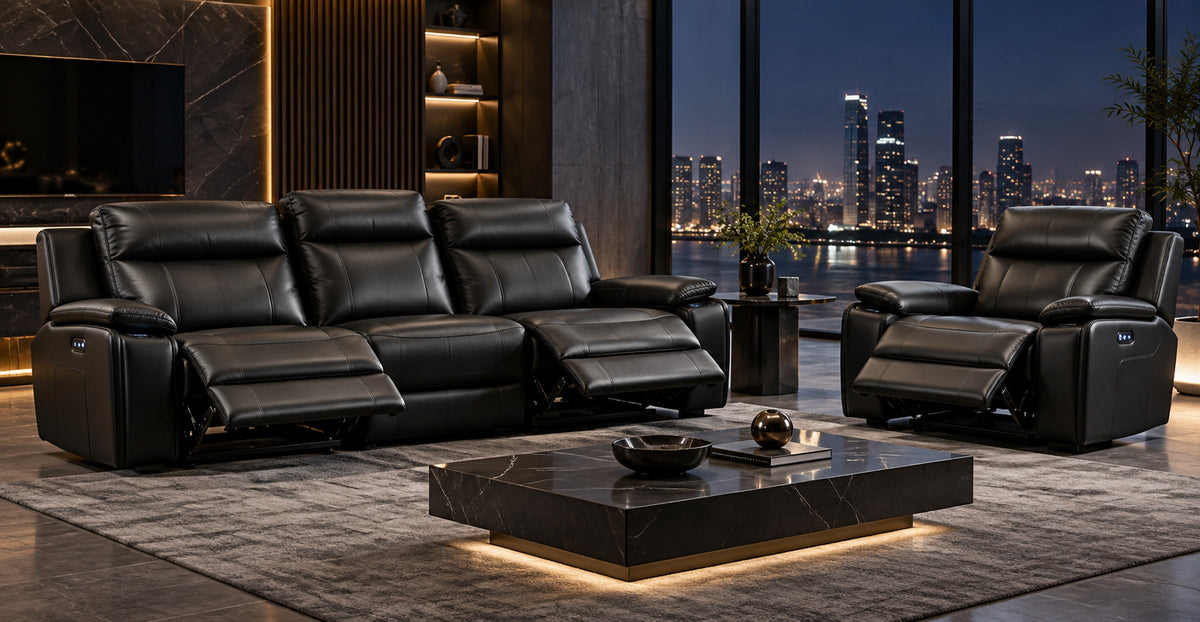 Galaxy Tech black electric reclining sofa set with extended footrests in a contemporary media lounge — Ivaaj