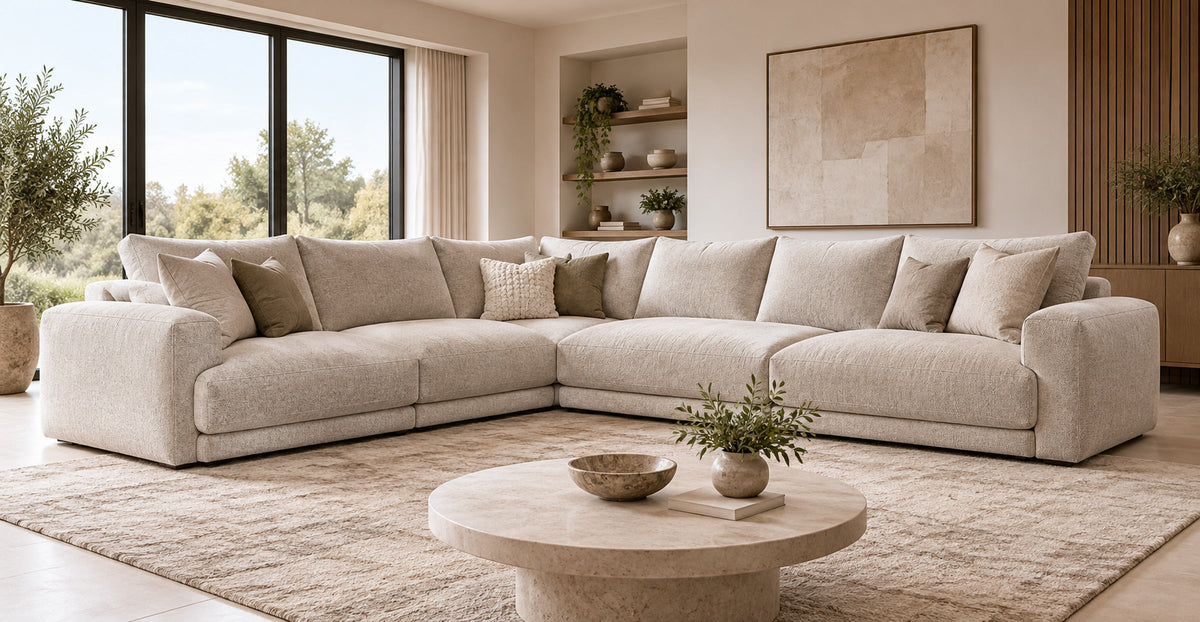 Harley oversized upholstered corner sofa in a spacious contemporary living room — Ivaaj