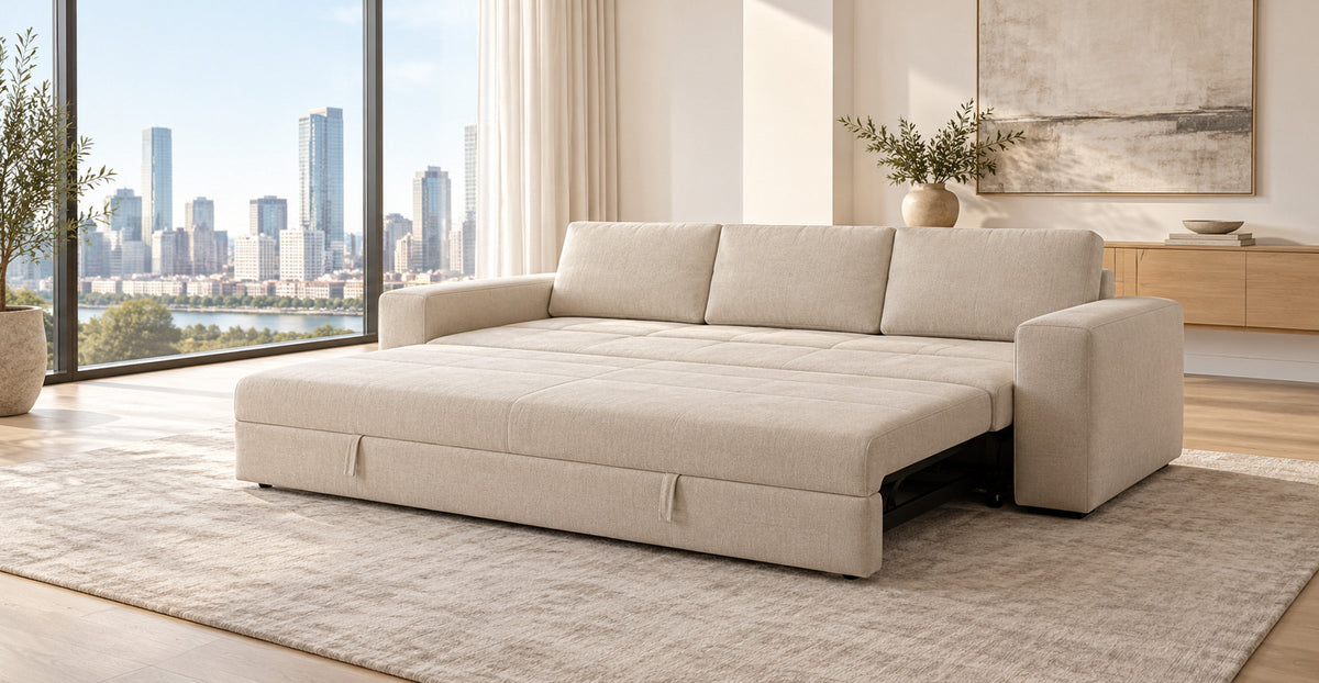 Houston beige electric three-seater sofa bed opened in a modern city apartment — Ivaaj