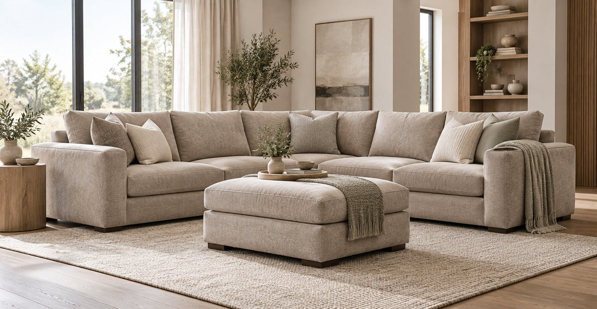Jacob neutral upholstered corner sofa and matching footstool in a refined living room — Ivaaj