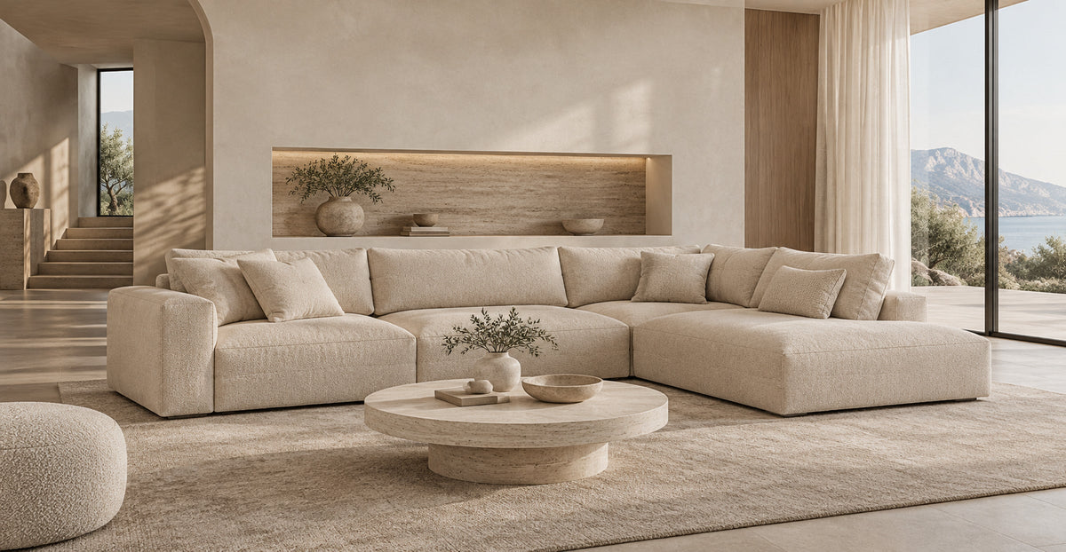 Jupiter beige large corner sofa in a bright modern Mediterranean interior — Ivaaj