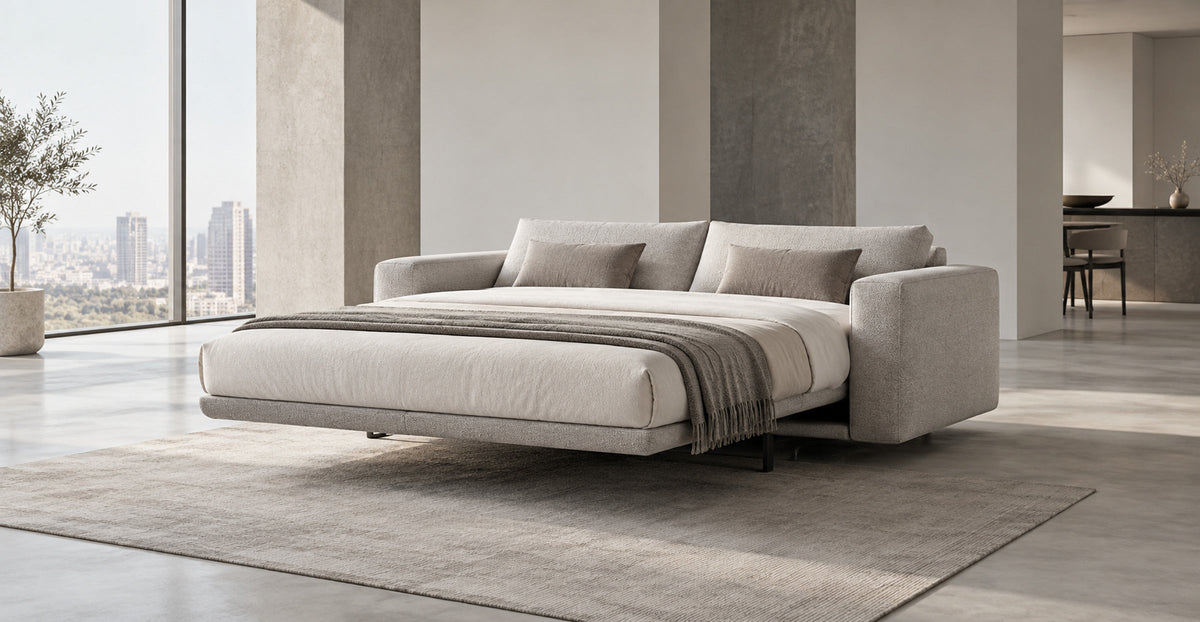 Kendal floating sofa bed extended in a minimalist urban loft — Ivaaj