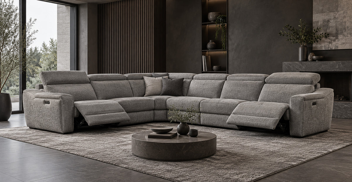 Linden grey electric reclining large corner sofa with extended footrests in a modern lounge — Ivaaj