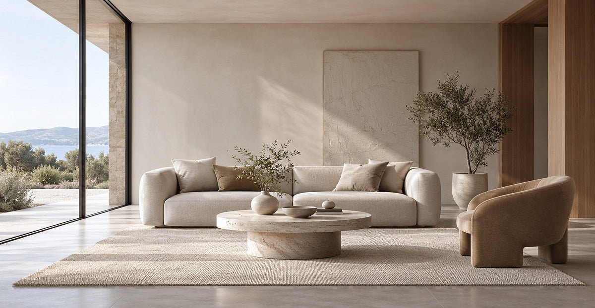 Airy luxury living room with curved lounge chair, neutral sofa and stone coffee table