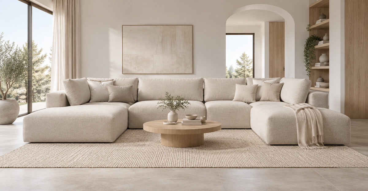 Malibu beige universal corner sofa in an airy Scandinavian-style living room — Ivaaj