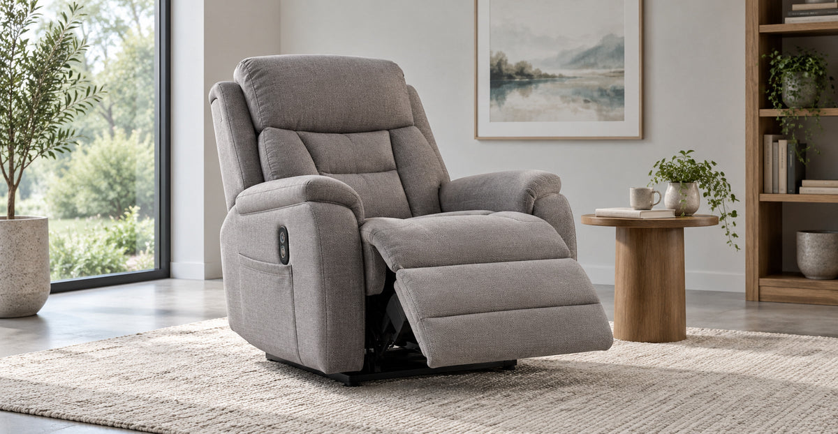 Grey upholstered rise and recline massage chair with extended footrest — Ivaaj