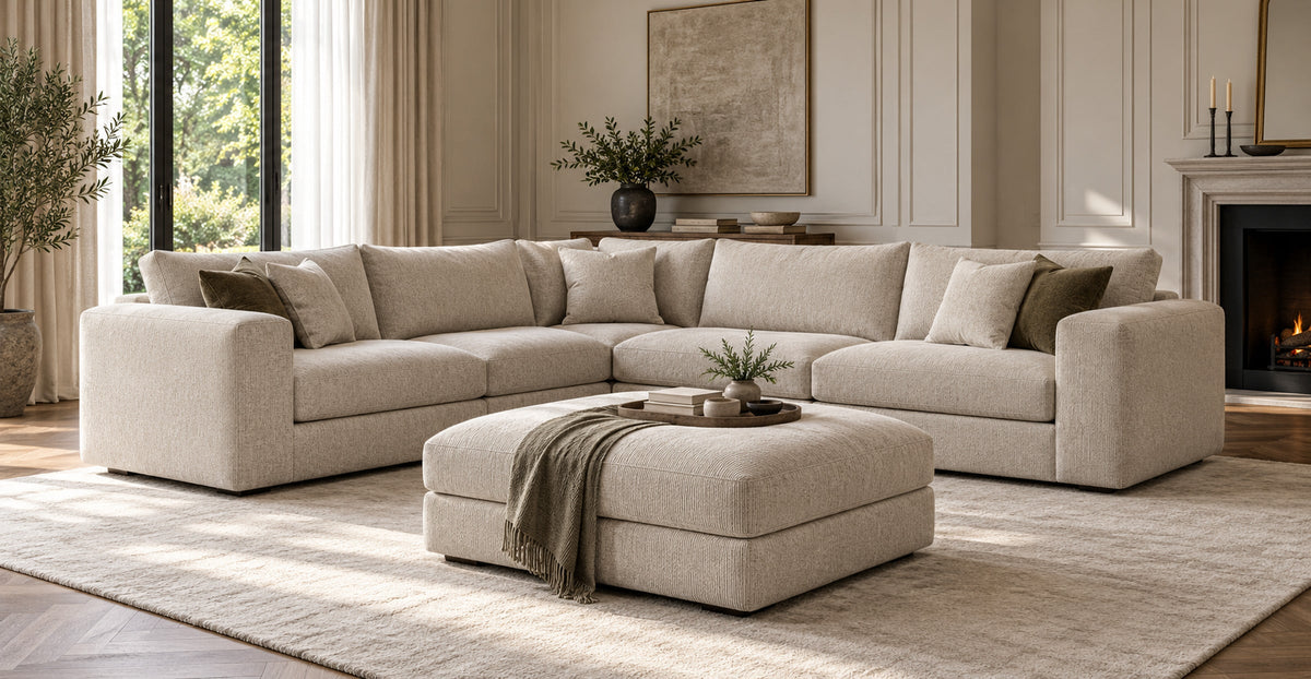Maxwell upholstered corner sofa with matching footstool in a modern-classic living room — Ivaaj