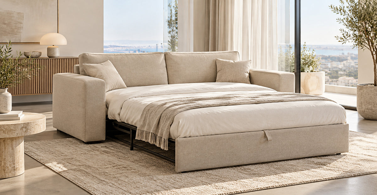Molly beige electric three-seater sofa bed with extended sleeping surface — Ivaaj