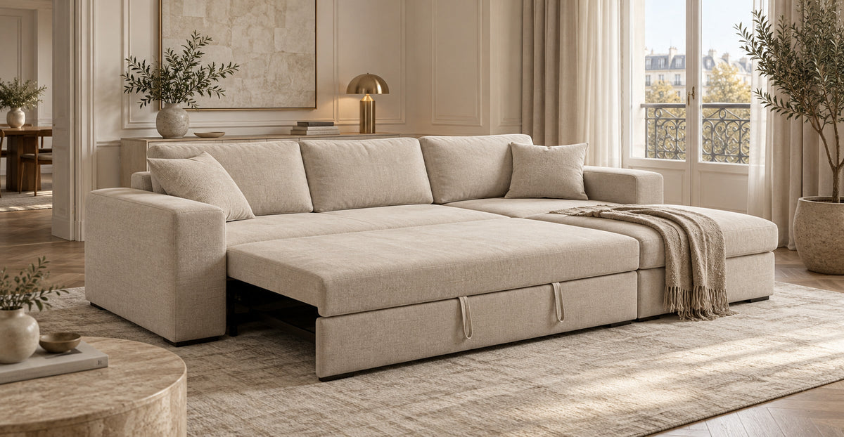 Moscow beige corner sofa bed with pull-out sleeping platform in a bright apartment — Ivaaj